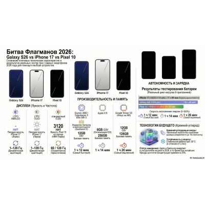 Битва базовых флагманов. Сравнение Galaxy S26, iPhone 17 и Pixel 10